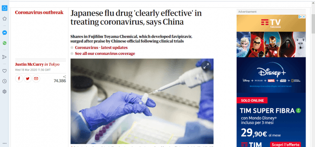 Avigan: secondo i sanitari Cinesi è sicuro ed efficace se preso ai primi sintomi di Corona virus